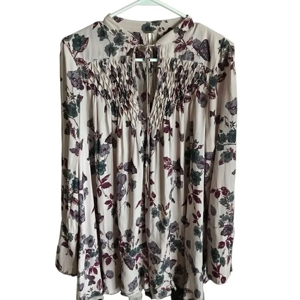 Free people SZ Small top floral blouse pink long sleeve boho layered hem